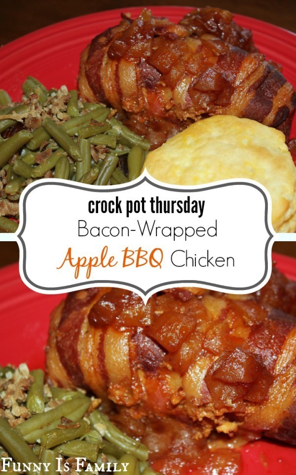 This Crockpot Bacon Wrapped Apple BBQ Chicken is a fun twist on basic crockpot chicken recipes, and tastes just as good as a barbeque chicken dinner!