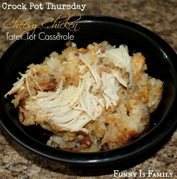 This Crockpot Cheesy Chicken Tater Tot Casserole is a crockpot chicken recipe everyone will love!