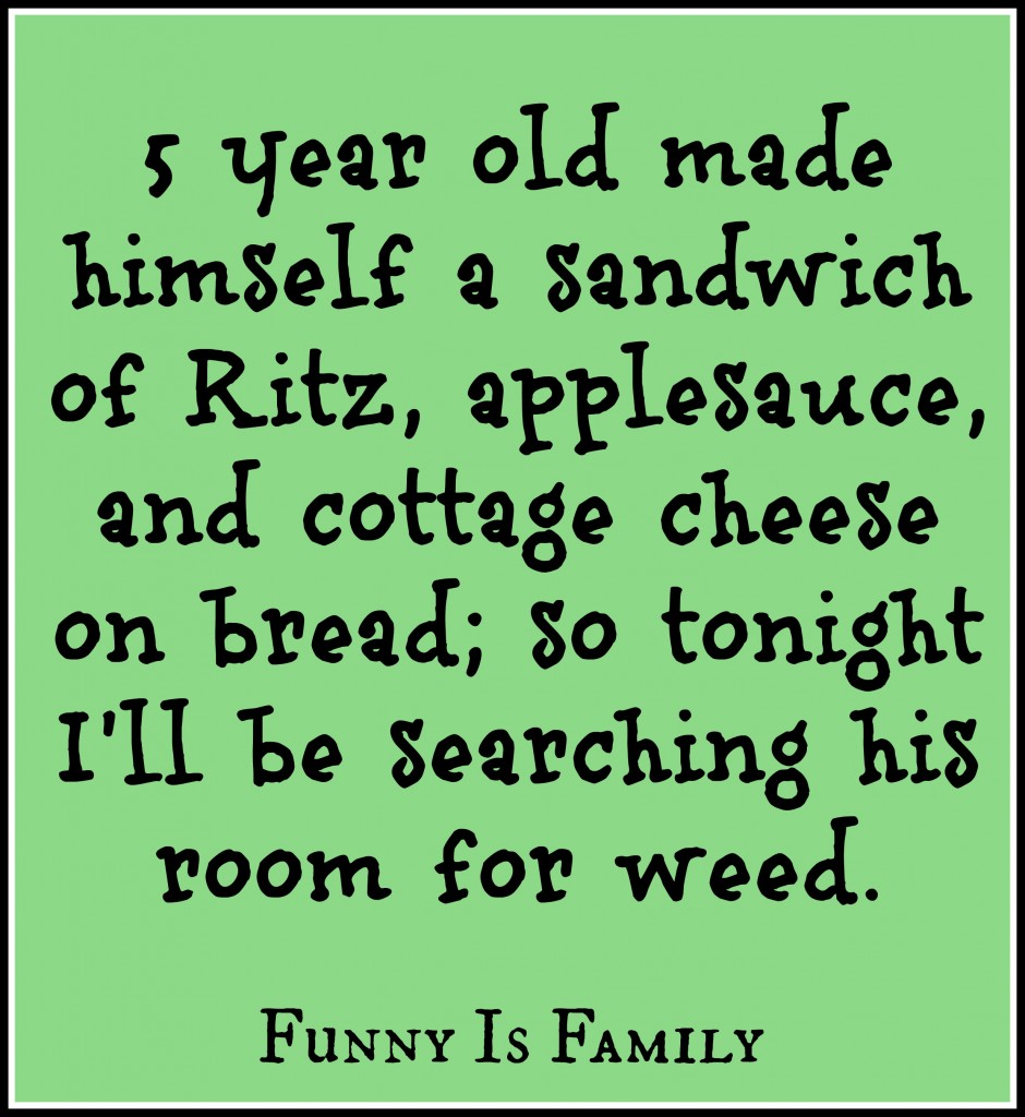 5 year old made himself a sandwich of Ritz, applesauce, and cottage cheese on bread; so tonight I'll be searching his room for weed.