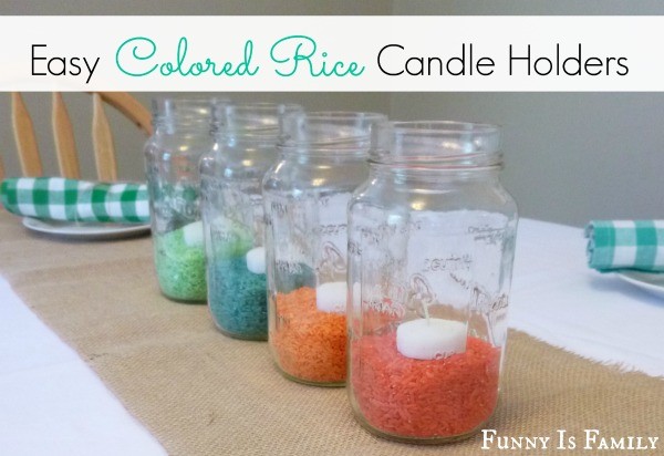 This cute colored rice centerpiece is an easy DIY craft for kids and adults! The colors can be changed for simple Easter, 4th of July, Halloween, and Christmas decorations!