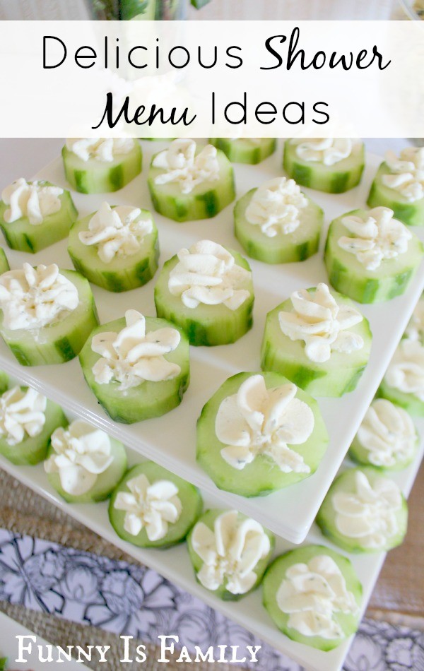 Adorable baby or bridal shower menu ideas, including Herbed Cream Cheese Cucumber Rounds and Curried Rice Pilaf. You have to see the clever vegetable cups!