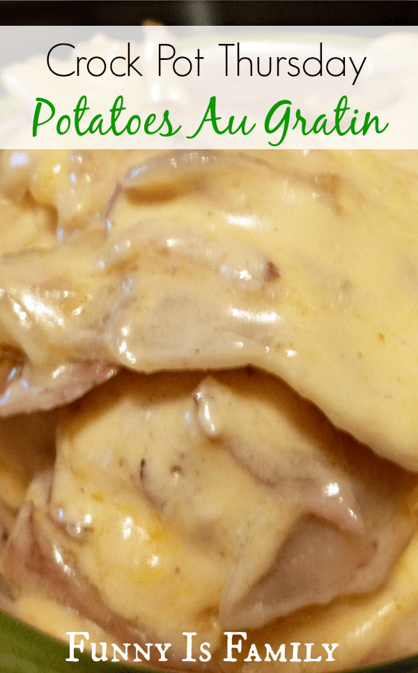 These easy Crockpot Potatoes Au Gratin cook up perfectly, and are creamy and delicious. They are a perfect side dish for ham, chicken, ribs, or a roast, and are our go-to for our Easter menu!