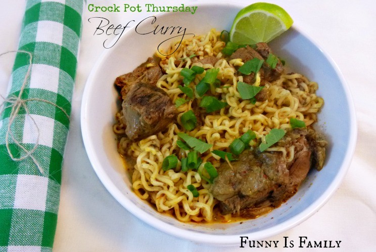 This Crockpot Beef Curry recipe is so good, and you'd never know those are regular ol' ramen noodles in this easy dinner idea! It's like college, only fancier!