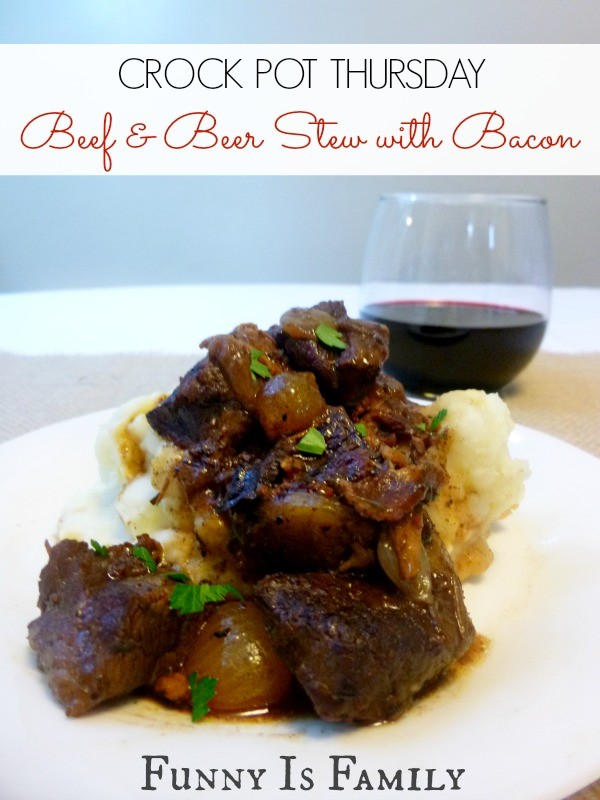 This Crockpot Beef and Beer Stew with Bacon recipe tastes great served over mashed potatoes!