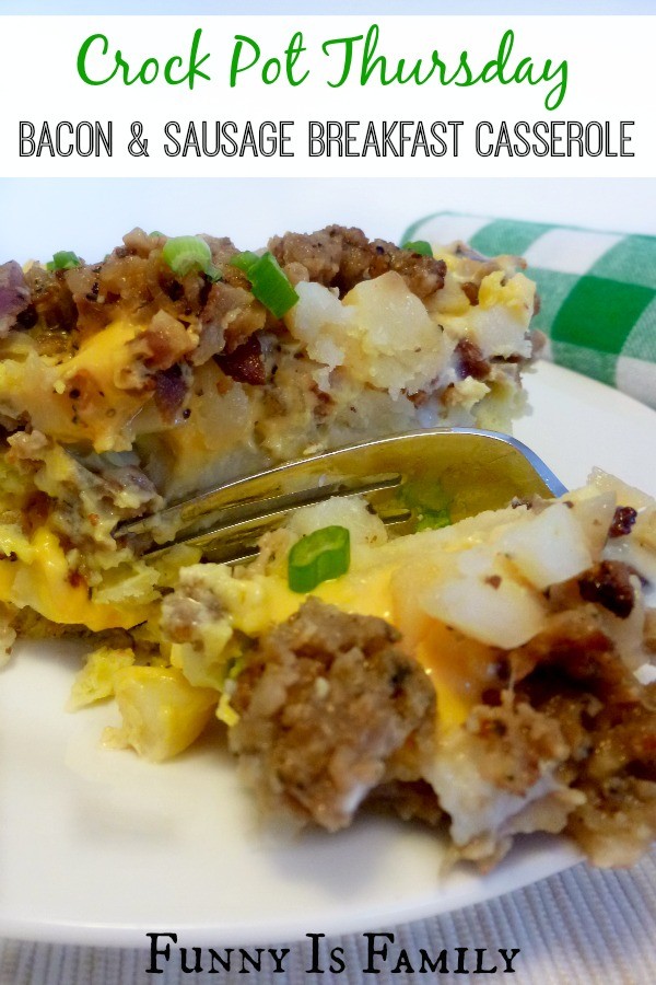 This Crockpot Bacon and Sausage Breakfast Casserole recipe is a hearty meal that will be ready when you wake up!
